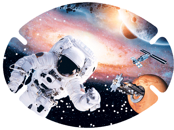 Augenpflaster Motiv Astronaut im Weltraum, umgeben von Planeten, Sternen, Galaxien und Satelliten