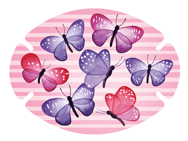 Augenpflaster Motiv Schmetterlinge in lila und pink vor rosa gestreiftem Hintergrund